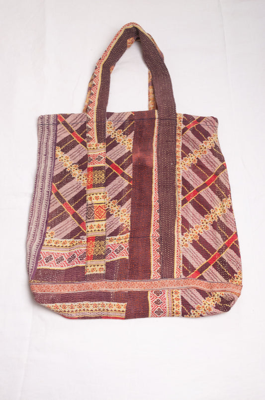 Vintage kantha quilt tote bag in chocolate stripe and floral pattern.