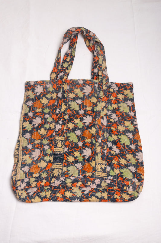 Vintage kantha quilt tote bag in autumn leaves pattern.