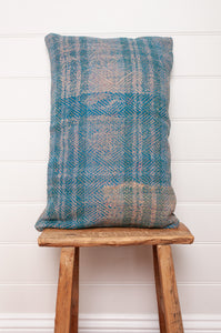 Vintage indigo lohori kantha bolster cushion lavender and blue stripe with diamond stitching.