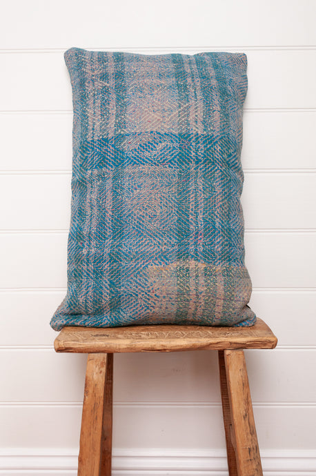 Vintage indigo lohori kantha bolster cushion lavender and blue stripe with diamond stitching.