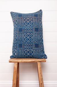 Vintage kantha bolster cushion - indigo patchwork