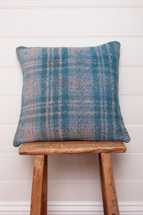 Vintage lohori kantha cushion lavender and blue stripe with diamond stitching.