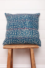 Load image into Gallery viewer, Vintage indigo kantha cushion overdyed with floral print.