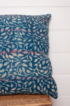 Load image into Gallery viewer, Vintage indigo kantha cushion overdyed with floral print.