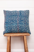 Load image into Gallery viewer, Vintage indigo kantha cushion overdyed with floral print.