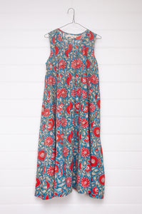 Juniper Hearth Tulsi dress in sky blue and red floral cotton blockprint.