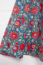 Load image into Gallery viewer, Juniper Hearth Tulsi dress in sky blue and red floral cotton blockprint.