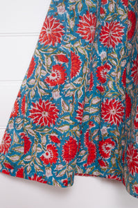 Juniper Hearth Tulsi dress in sky blue and red floral cotton blockprint.