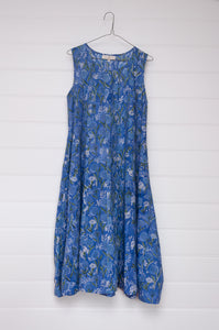 Juniper Hearth Tulsi dress in cornflower blue cotton blockprint.