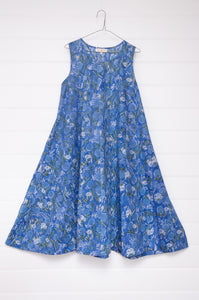 Juniper Hearth Tulsi dress in cornflower blue cotton blockprint.