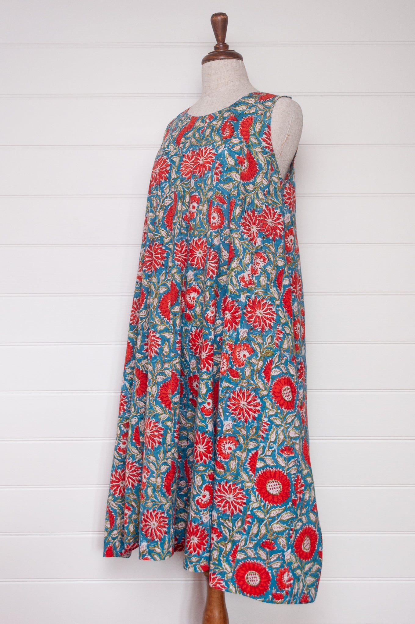 Juniper Hearth Tulsi dress in sky blue and red floral cotton blockprint.