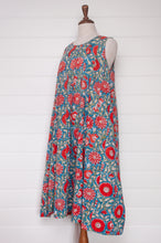 Load image into Gallery viewer, Juniper Hearth Tulsi dress in sky blue and red floral cotton blockprint.