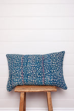 Load image into Gallery viewer, Vintage indigo kantha cushion overdyed with floral print.