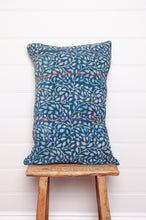 Load image into Gallery viewer, Vintage indigo kantha cushion overdyed with floral print.