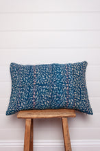 Load image into Gallery viewer, Vintage indigo kantha cushion overdyed with floral print.