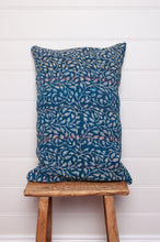 Load image into Gallery viewer, Vintage indigo kantha cushion overdyed with floral print.