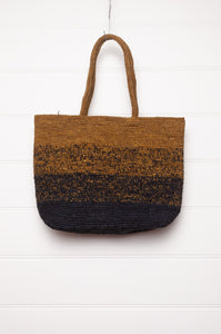 Sophie Digard crocheted raffia bag in gradient stripes, charcoal and mustard.