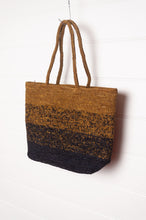 Load image into Gallery viewer, Sophie Digard crocheted raffia bag in gradient stripes, charcoal and mustard.