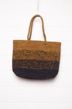 Load image into Gallery viewer, Sophie Digard crocheted raffia bag in gradient stripes, charcoal and mustard.