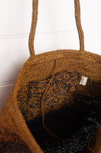 Load image into Gallery viewer, Sophie Digard crocheted raffia bag in gradient stripes, charcoal and mustard.