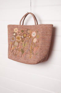 Sophie Digard embroidered and appliqued raffia bag, in natural blush tones.