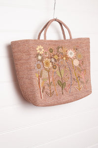 Sophie Digard embroidered and appliqued raffia bag, in natural blush tones.