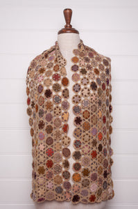 Sophie Digard crochet wool scarf floral medallions in warm earthy tones.