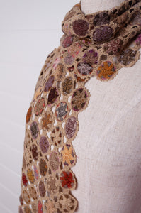 Sophie Digard crochet wool scarf floral medallions in warm earthy tones.