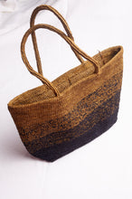 Load image into Gallery viewer, Sophie Digard crocheted raffia bag in gradient stripes, charcoal and mustard.