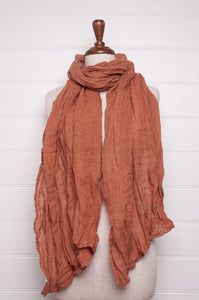 Linen gauze scarf in soft moccha brown.