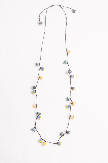 Hand made Moroccan button necklace sky blue and yellow.