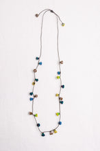 Load image into Gallery viewer, Hand made Moroccan button necklace aqua blue and lime.