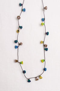 Hand made Moroccan button necklace aqua blue and lime.