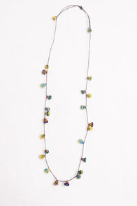 Hand made Moroccan button necklace greens yellows and aqua.