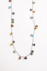 Hand made Moroccan button necklace greens yellows and aqua.