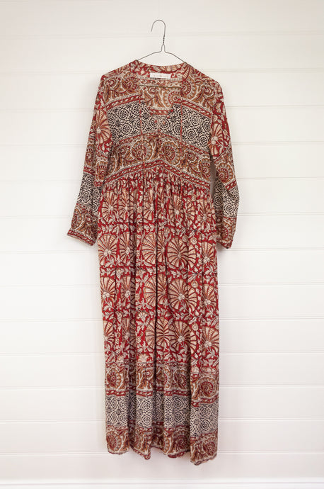 Bagru blockprint maxi dress in rust and black and white tones.