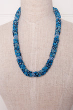 Load image into Gallery viewer, Clustered Moroccan flower button necklace in blues.