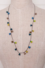 Load image into Gallery viewer, Hand made Moroccan button necklace aqua blue and lime.