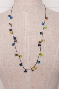 Hand made Moroccan button necklace aqua blue and lime.