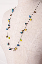 Load image into Gallery viewer, Hand made Moroccan button necklace aqua blue and lime.