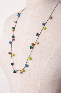 Hand made Moroccan button necklace aqua blue and lime.