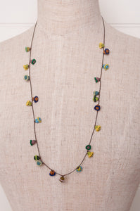 Hand made Moroccan button necklace greens yellows and aqua.