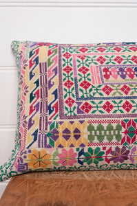 Vintage sampler cross stitch bolster cushion.