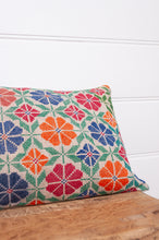 Load image into Gallery viewer, Vintage cross stitch bright floral bolster cushion.