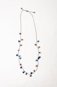 Moroccan flower button necklace in cornflower blues and pink.