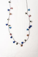 Load image into Gallery viewer, Moroccan flower button necklace in cornflower blues and pink.