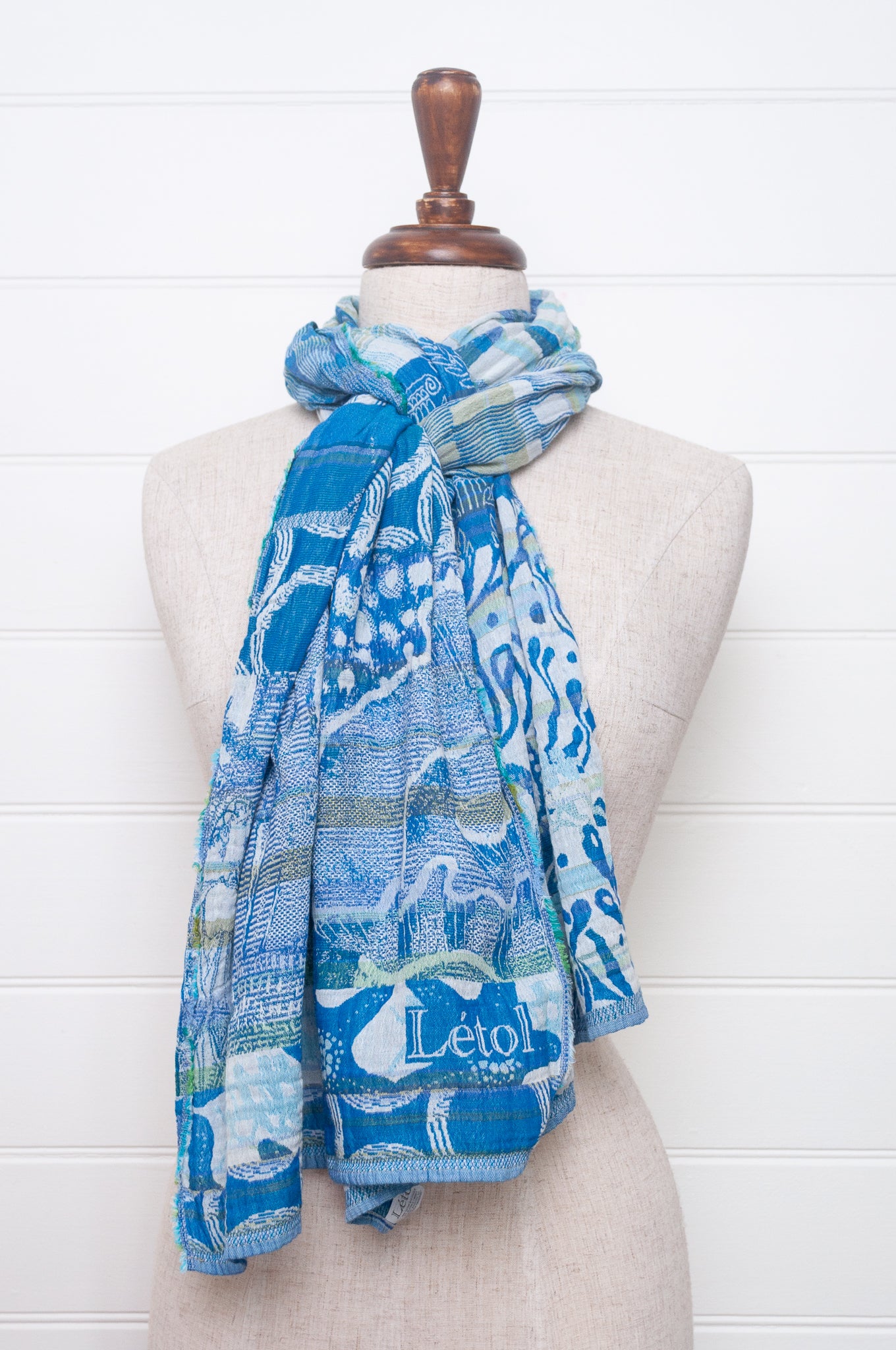 Letol organic cotton jacquard scarf in Olympe cyan aqua blue.