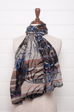 Load image into Gallery viewer, Letol organic cotton jacquard scarf in Ingrid in blue mountain blues and browns.