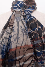 Load image into Gallery viewer, Letol organic cotton jacquard scarf in Ingrid in blue mountain blues and browns.