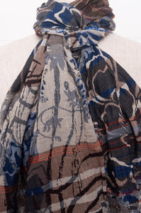 Letol organic cotton jacquard scarf in Ingrid in blue mountain blues and browns.